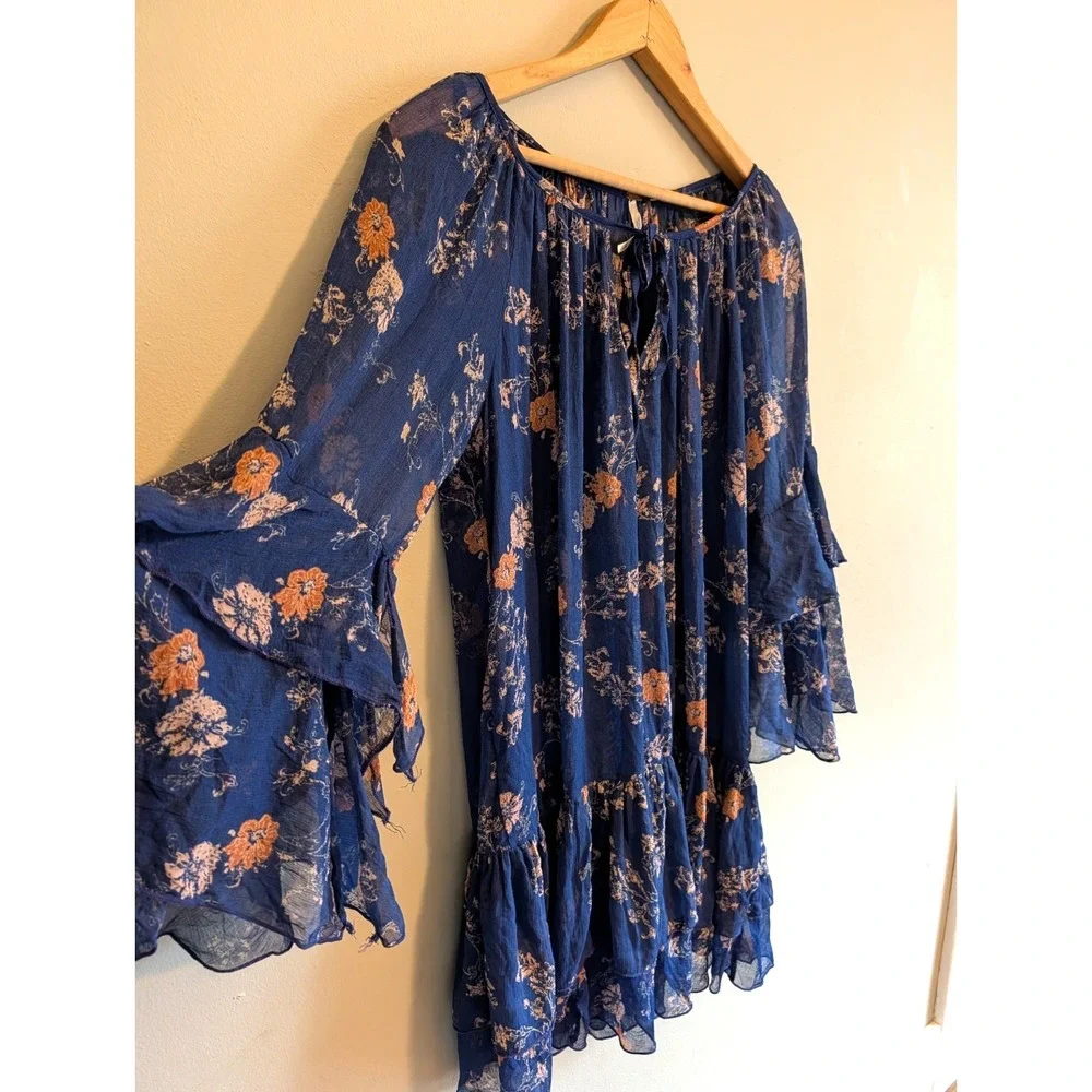 Free People Sunsetter Floral Ruffle Mini Dress Tunic Small Blue Sheer Festival